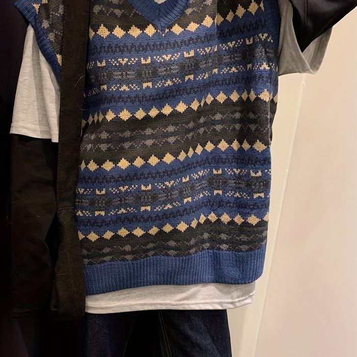 Allover Pattern V Neck Sweater Vest, Preppy Sleeveless Loose Sweater, Women's Clothing