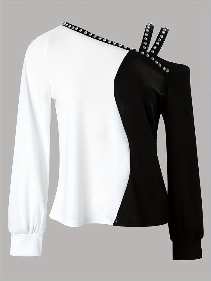 Rhinestone Color Block T-Shirt, Casual Long Sleeve Cold Shoulder T-Shirt, Women's Clothing