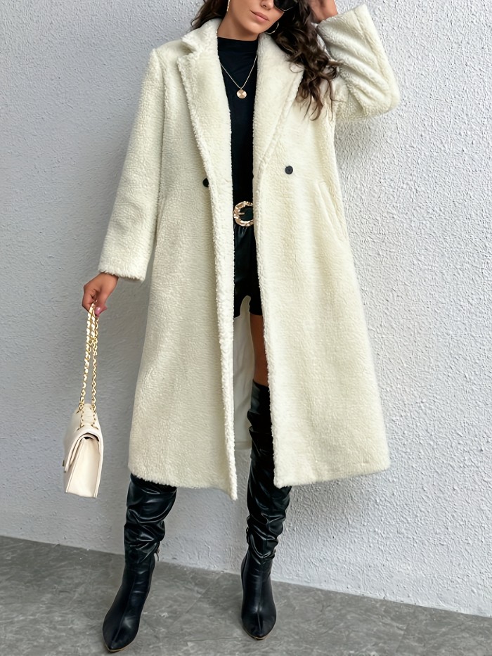 Solid Teddy Mid Length Coat, Elegant Long Sleeve Warm Outerwear, Women's Clothing