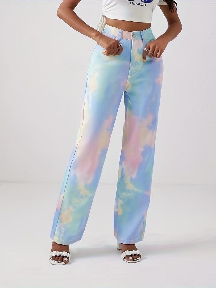 Tie Dye Multicolored Straight Jeans, Raw Cut Loose Fit Non-Stretch Chic Denim Pants, Women's Denim Jeans & Clothing