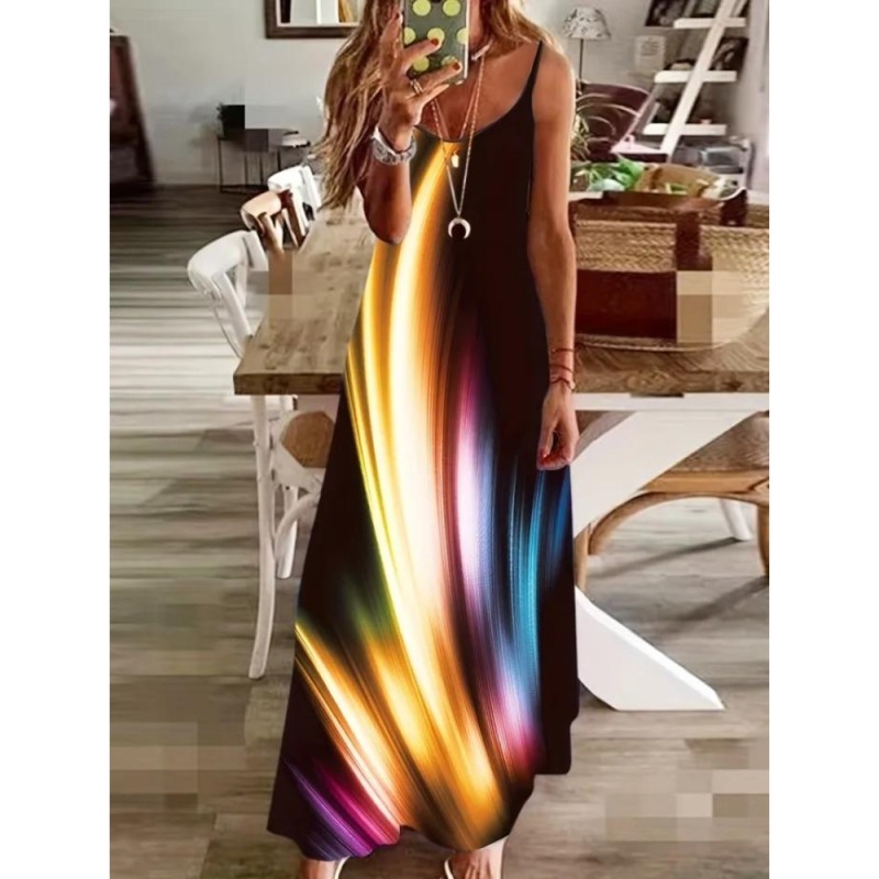 Colorful Pattern Cami Dress, Casual Maxi Dress, Women's Clothing