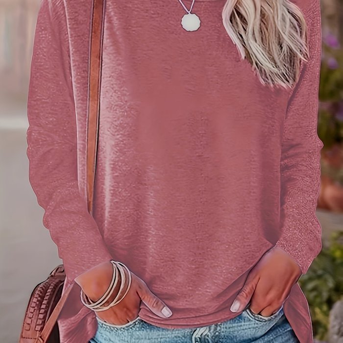 Solid Simple T-shirt, Casual Crew Neck Long Sleeve T-shirt For Spring & Fall, Women's Clothing