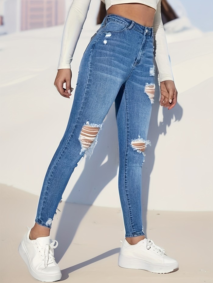 Ripped Holes Casual Skinny Jeans, High Stretch Slant Pockets Tight Jeans, Women's Denim Jeans & Clothing