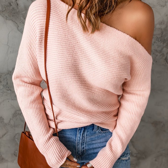 Solid Off Shoulder Sweater, Casual Long Sleeve Loose Fall Winter Knit Sweater, Women's Clothing