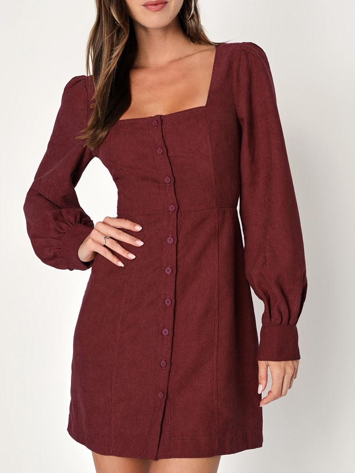Button Front Squared Neck Dress, Casual Solid Long Sleeve Dress, Women's Clothing