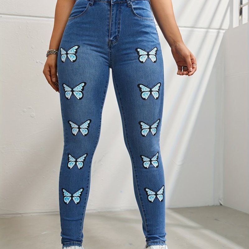 Butterfly Print High Stretch Skinny Jeans, Slash Pocket Y2K Washed Denim Pants, Women's Denim Jeans & Clothing