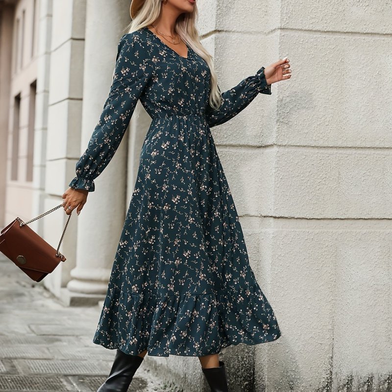 Floral Print Lantern Sleeve Dress, Casual V Neck Dress For Spring & Fall, Women's Clothing