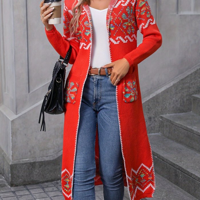 Geo Pattern Open Front Knit Cardigan, Vintage Long Length Split Hooded Sweater Coat, Women's Clothing