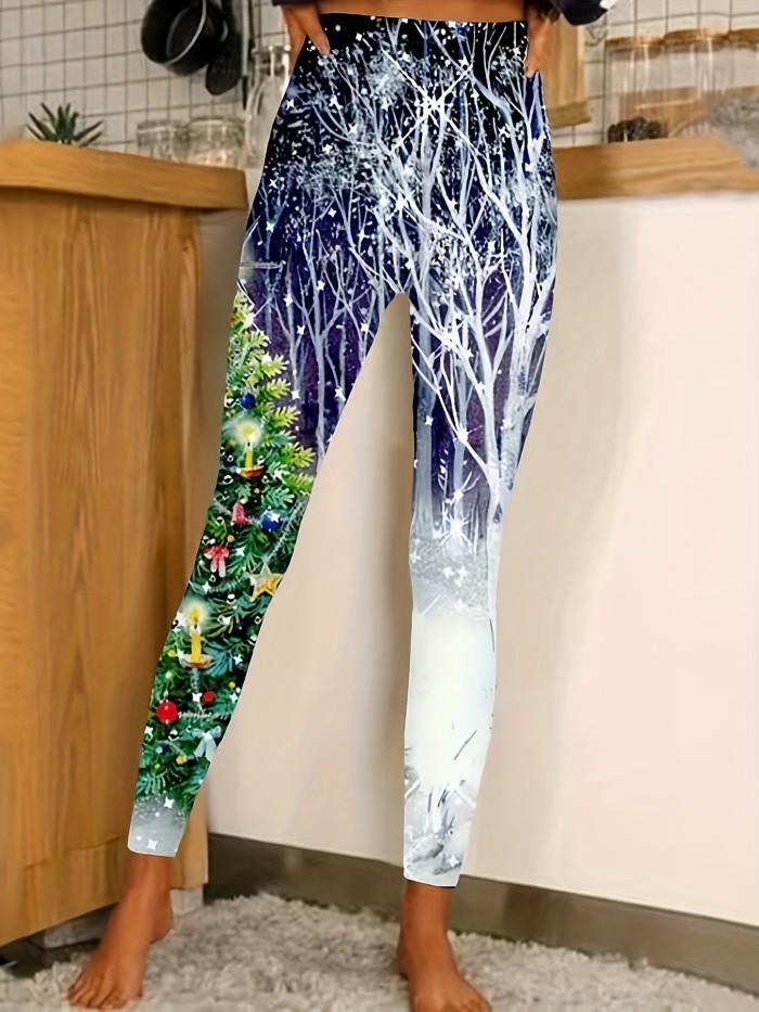 Christmas Print Skinny Leggings, Casual Elastic Waist Stretchy Leggings, Women's Clothing