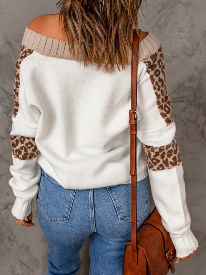 Women's Sweater Leopard Splicing Off Shoulder Pullover Sweater
