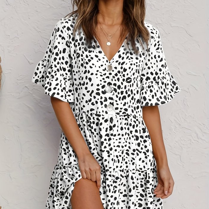 Leopard Print Button Tiered Dress, Ruffle Hem V Neck Short Sleeve Layered Dress, Casual Every Day Dress, Women's Clothing