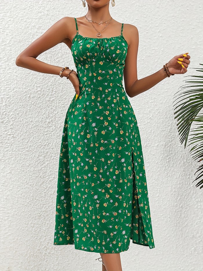 Floral Print Spaghetti Dress, Elegant Split Backless Cami Dress, Women's Clothing