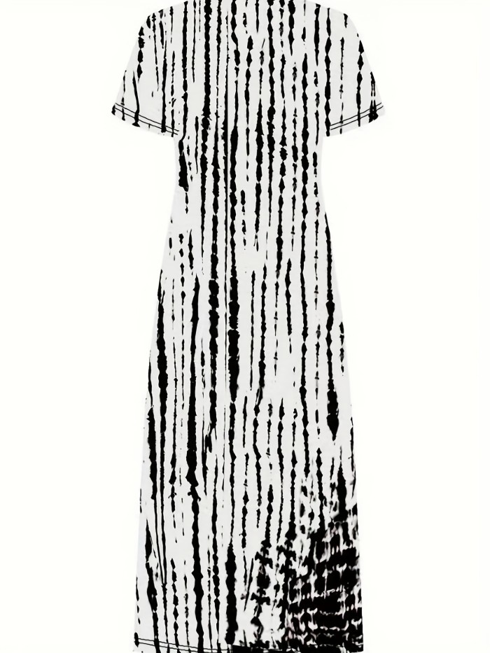 Tie Dye Striped Dress, Casual Crew Neck Short Sleeve Ankle Dress, Women's Clothing
