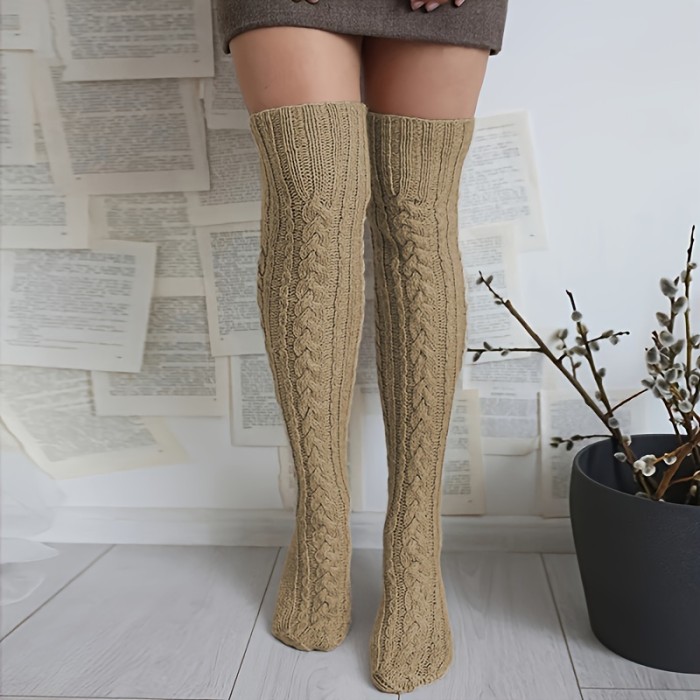 Women's Cable Knit Knee-High Winter Extra Long Winter Stockings Thicker Over Knee Socks No Show Leg Warmers Beige