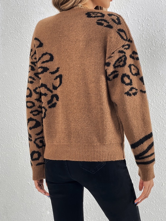 Leopard Print Knit Sweater, Casual Crew Neck Long Sleeve Sweater For Fall & Winter, Women's Clothing