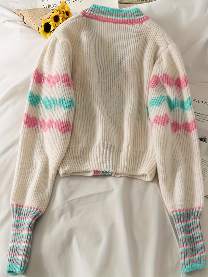 Heart Pattern Button Down Knit Cardigan, Casual Long Sleeve Crop Sweater, Women's Clothing
