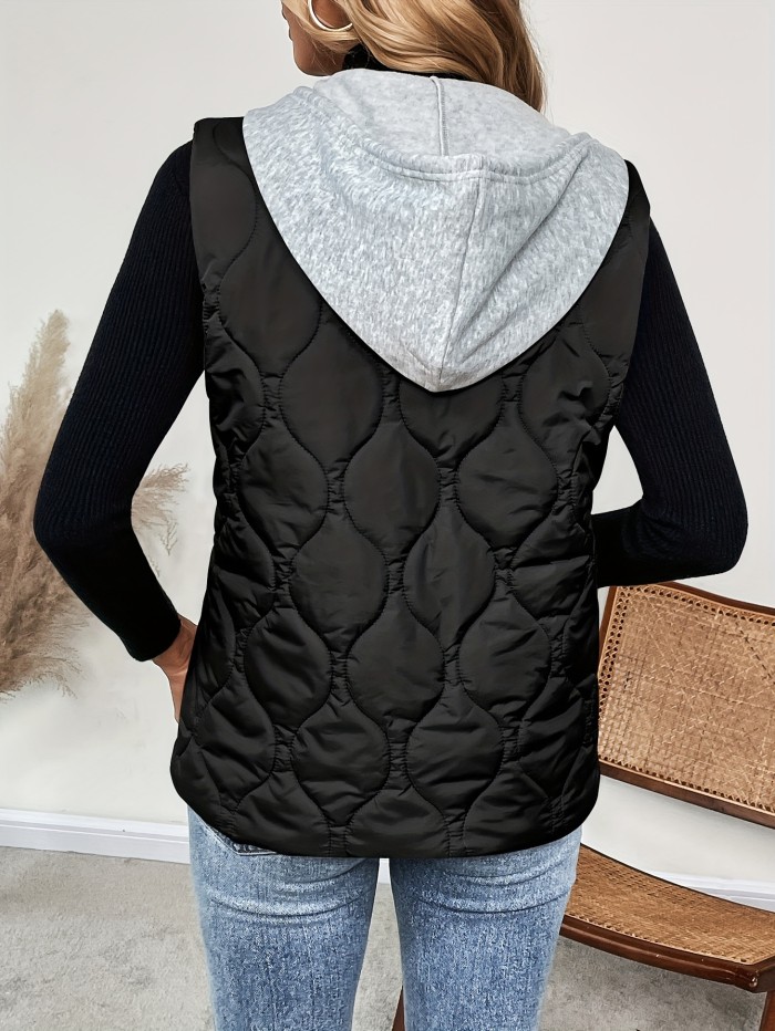Drawstring Hooded Vest Coat, Casual Zip Up Sleeveless Outerwear, Women's Clothing