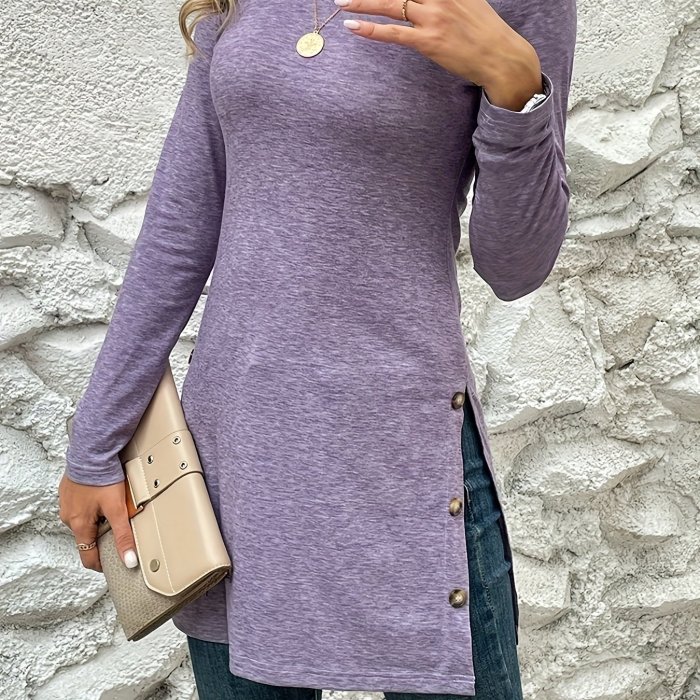 Solid Color Crew Neck Long Sleeve Middle Length Slit Hem T-Shirts, Stylish Fall Winter Tops, Women's Clothing