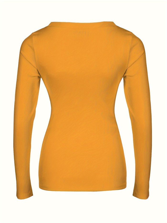 Solid Ribbed Square Neck T-shirt, Casual Long Sleeve T-Shirt For Spring & Fall, Women's Clothing