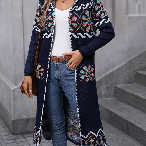 Geo Pattern Open Front Knit Cardigan, Vintage Long Length Split Hooded Sweater Coat, Women's Clothing