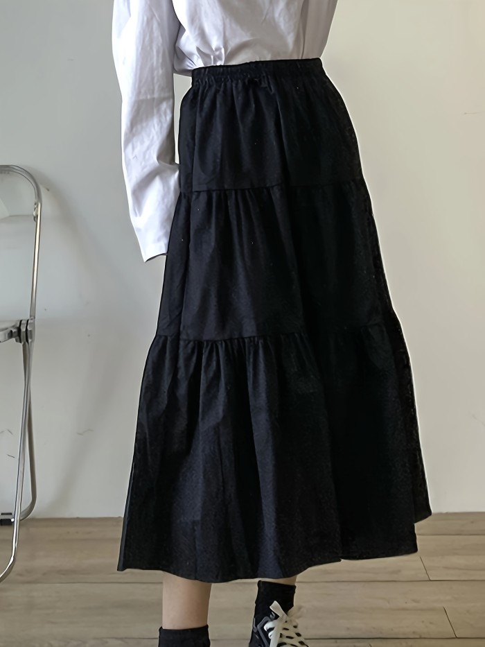 Solid Elastic High Waist Skirt, Casual Ruffle Hem Midi Skirt, Women's Clothing