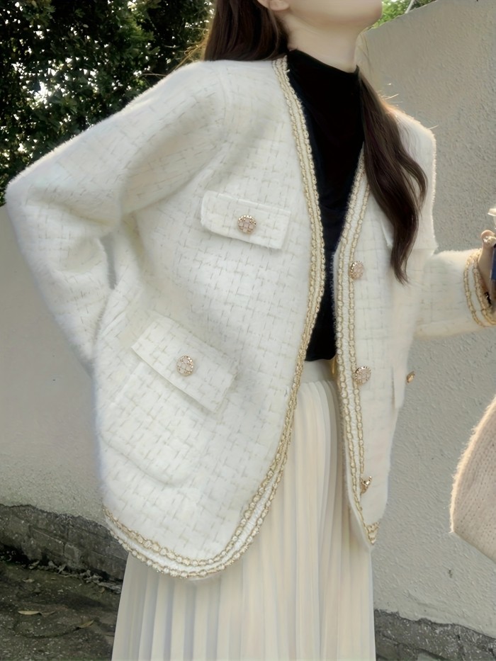 Plaid Pattern Button Down Knit Cardigan, Elegant Long Sleeve Pocket Sweater Coat, Women's Clothing