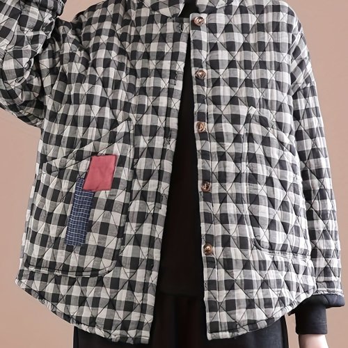 Plaid Print Warm Jacket, Casual Button Front Long Sleeve Outerwear, Women's Clothing