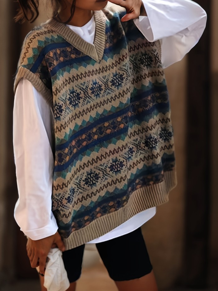 Allover Pattern V Neck Sweater Vest, Preppy Sleeveless Loose Sweater, Women's Clothing