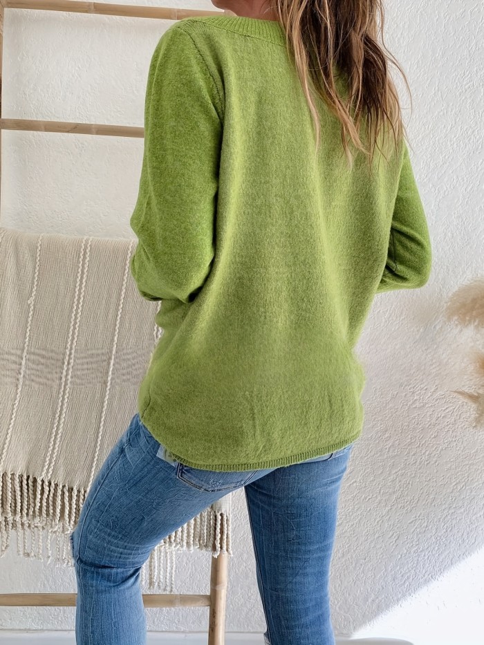Solid Versatile Knit Sweater, Casual V Neck Long Sleeve Sweater With Buttons, Women's Clothing