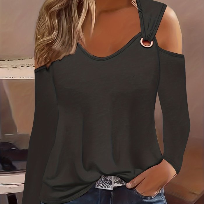 Solid Ring Detail Cold Shoulder T-Shirt, Casual Long Sleeve Top For Spring & Fall, Women's Clothing