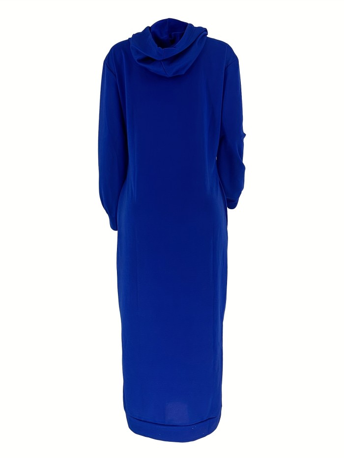 Drawstring Split Dress, Casual Hooded Long Sleeve Maxi Dress, Women's Clothing