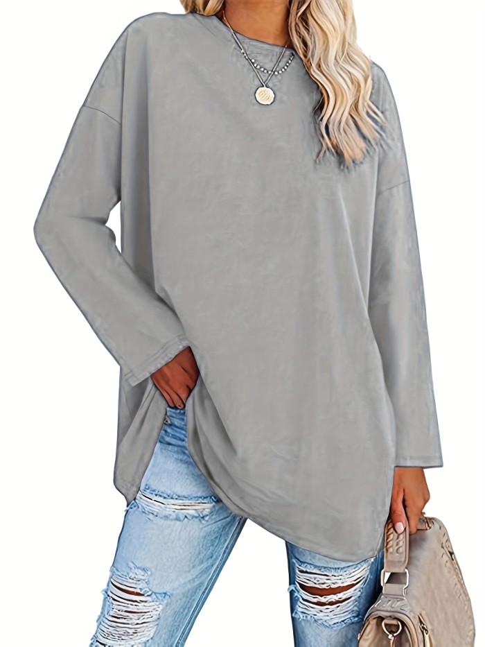 Basic Loose Solid T-Shirt, Casual Long Sleeve Crew Neck T-Shirt, Casual Every Day Tops, Women's Clothing