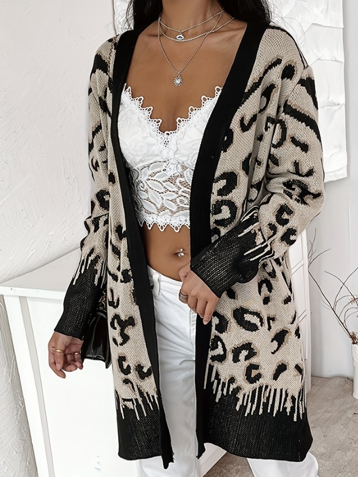 Leopard Open Front Knit Cardigan, Casual Long Sleeve Mid Length Sweater, Women's Clothing
