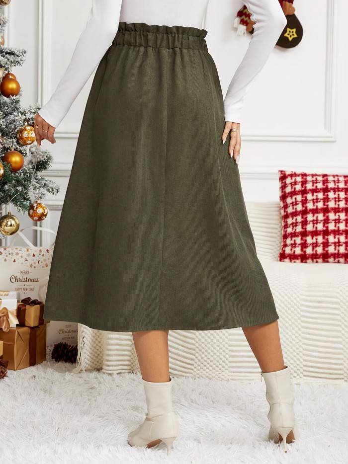 Solid Elastic Waist Flared Skirt, Elegant Button Big Swing Midi Skirt, Women's Clothing