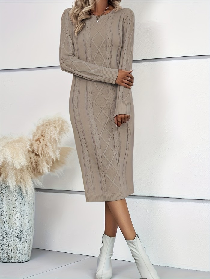 Round Neck Shirred Solid Elegant Dress, Long Sleeve Bodycon Maxi Dress, Women's Clothing