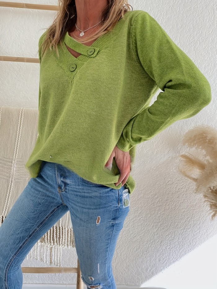Solid Versatile Knit Sweater, Casual V Neck Long Sleeve Sweater With Buttons, Women's Clothing