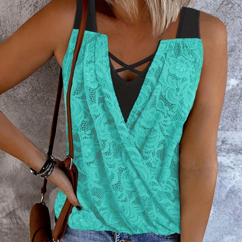 Contrast Lace Cross Front Tank Top, Casual Ruched Summer Sleeveless Top, Women's Clothing