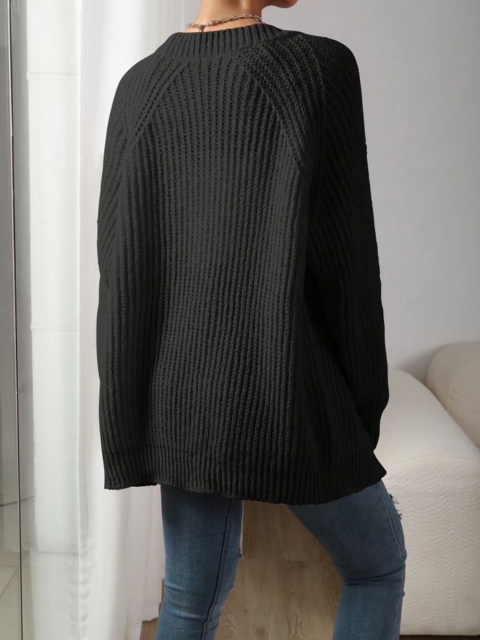 Solid Open Front Knit Cardigan, Elegant Long Sleeve Raglan Shoulder Sweater, Women's Clothing