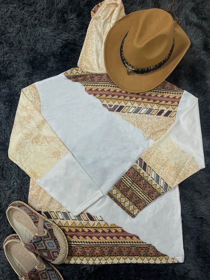 Aztec Pattern Hoodie, Casual Long Sleeve Drawstring Hoodie, Women's Clothing