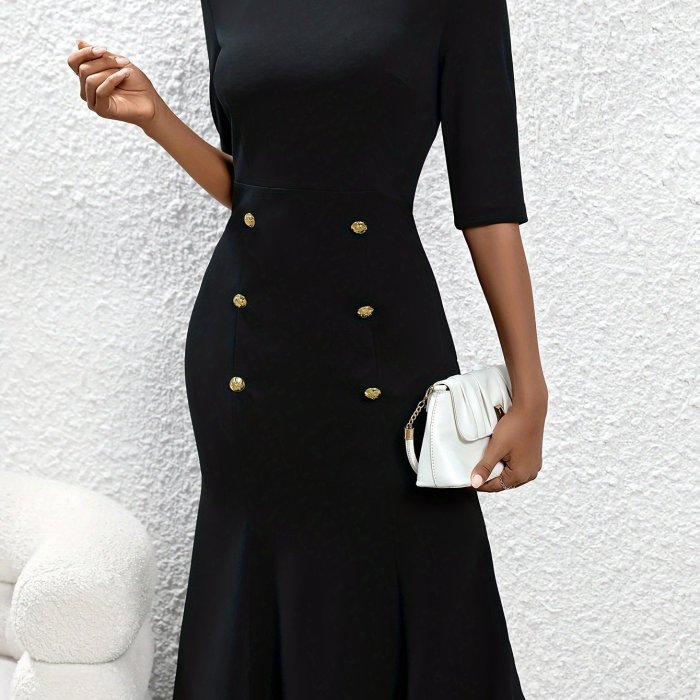 Ruffle Solid Bodycon Dress, Elegant Crew Neck Half Sleeve Dress With Buttons, Women's Clothing