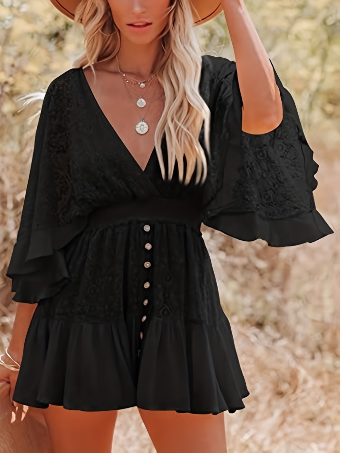 Women's Dresses Casual Lace Patchwork Batwing Sleeve V Neck Fashion Summer Loose Dress