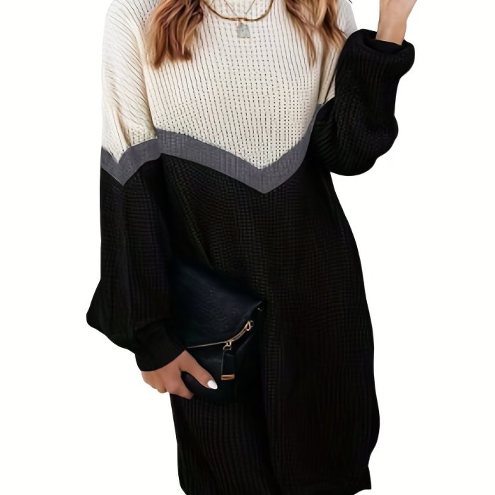 Colorblock Mock Neck Knitted Dress, Casual Long Sleeve Dress For Fall & Winter, Women's Clothing