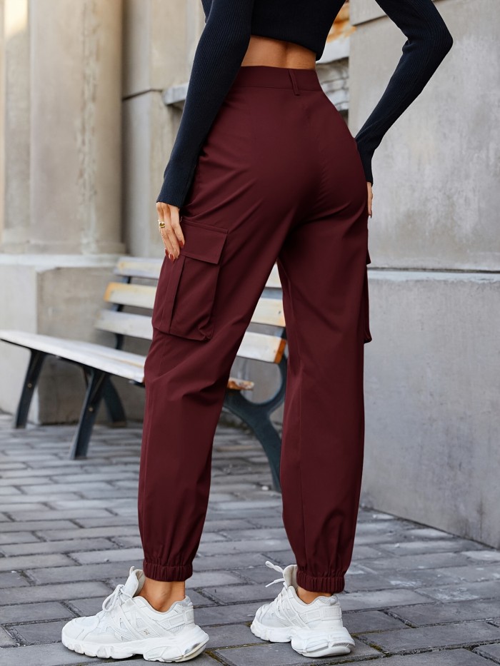 Solid Color Pocket Cargo Pants, Casual High Waist Jogger Pants, Women's Clothing