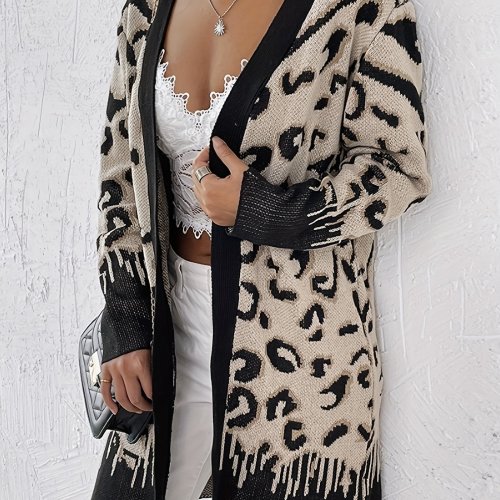 Leopard Open Front Knit Cardigan, Casual Long Sleeve Mid Length Sweater, Women's Clothing