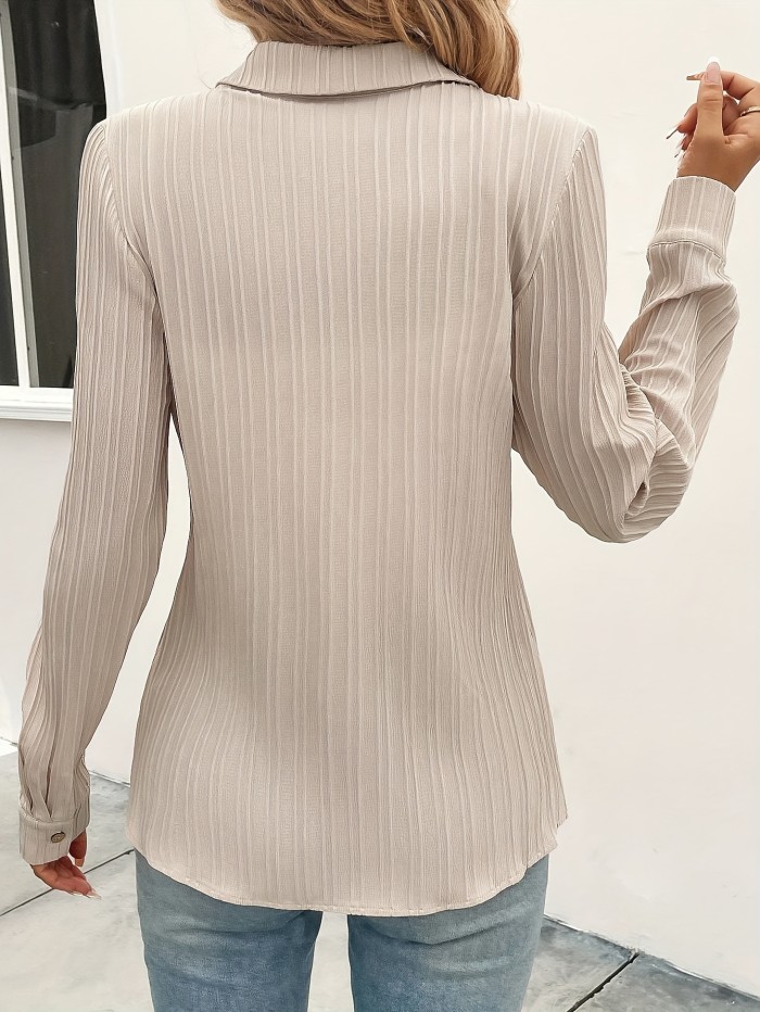 Solid Textured Button Down Shirt, Versatile Long Sleeve Shirt For Spring & Fall, Women's Clothing