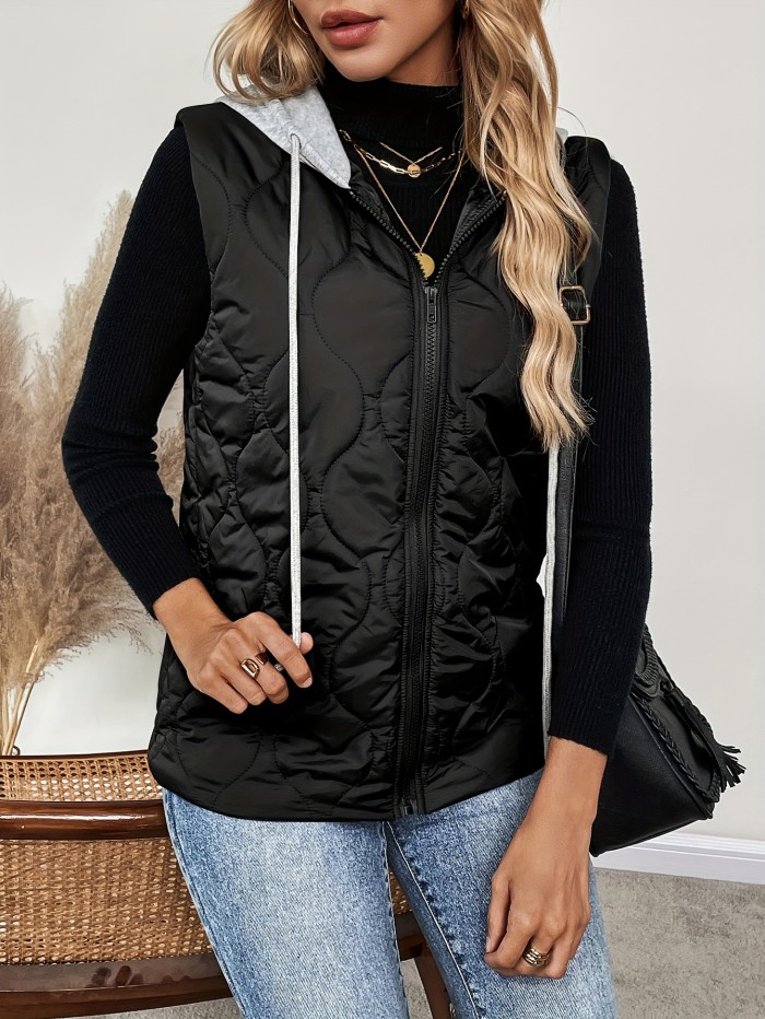 Drawstring Hooded Vest Coat, Casual Zip Up Sleeveless Outerwear, Women's Clothing