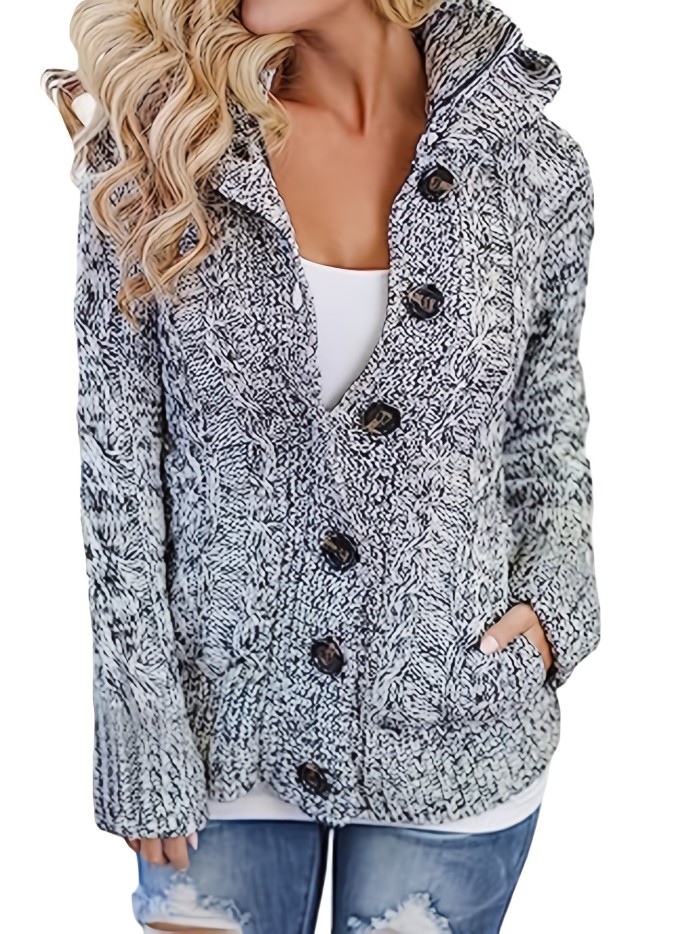 Cable Knit Button Down Hooded Cardigan, Casual Long Sleeve Sweater Coat With Pocket, Women's Clothing