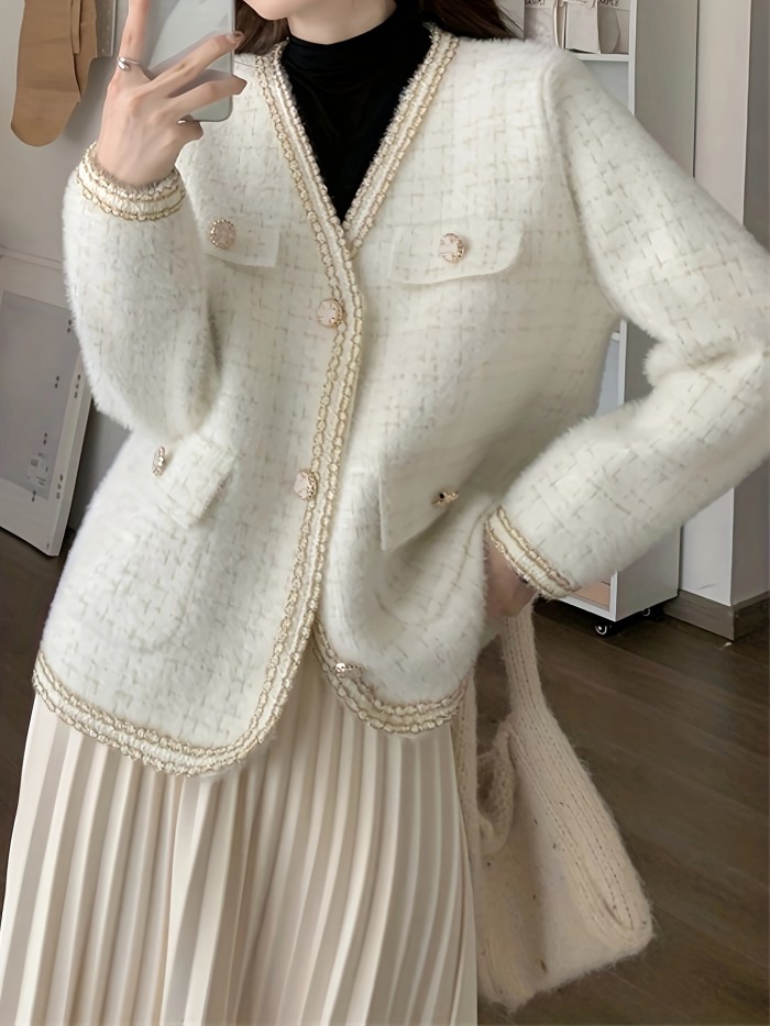 Plaid Pattern Button Down Knit Cardigan, Elegant Long Sleeve Pocket Sweater Coat, Women's Clothing
