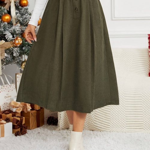 Solid Elastic Waist Flared Skirt, Elegant Button Big Swing Midi Skirt, Women's Clothing