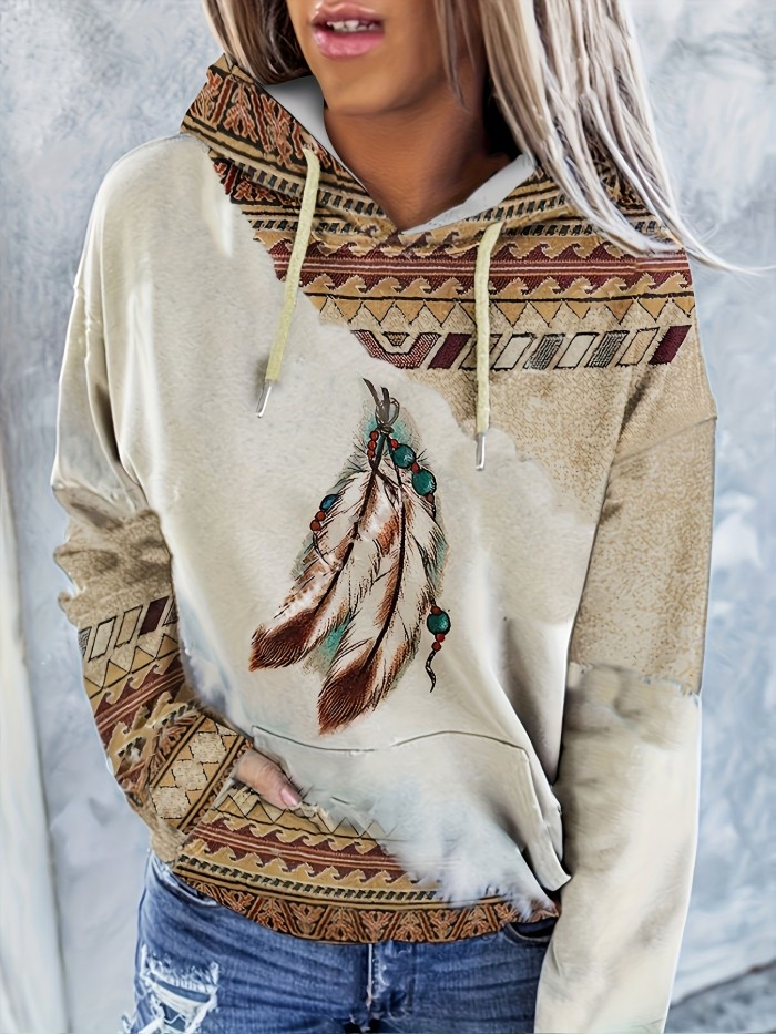 Aztec Pattern Hoodie, Casual Long Sleeve Drawstring Hoodie, Women's Clothing